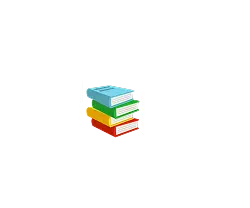 Stacked logo with white text and books